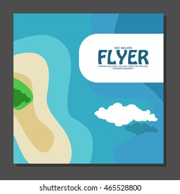 Flyer in flat style with a map of the island to travel and vacation on yacht with clouds in the sky. View from the birds flight. Vector illustration