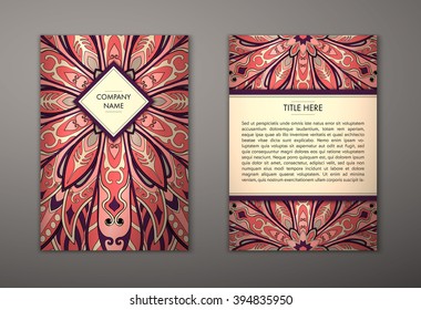 Flyer with Floral mandala pattern and ornaments. Vector Flyer oriental design Layout template, size A5. Islam, Arabic, Indian, ottoman motifs. Front page and back page. Easy to use and edit.