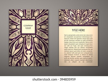 Flyer with Floral mandala pattern and ornaments. Vector Flyer oriental design Layout template, size A5. Islam, Arabic, Indian, ottoman motifs. Front page and back page. Easy to use and edit.