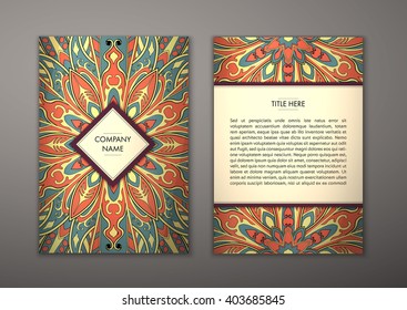 Flyer with Floral mandala pattern and ornaments. Vector Flyer oriental design Layout template, size. Islam, Arabic, Indian, ottoman motifs. Front page and back page. Easy to use and edit.