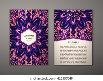 Flyer with Floral mandala pattern and ornaments. Vector Flyer oriental design Layout template, size. Islam, Arabic, Indian, ottoman motifs. Front page and back page. Easy to use and edit.