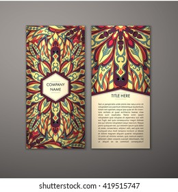 Flyer with Floral mandala pattern and ornaments. Vector Flyer oriental design Layout template, size. Islam, Arabic, Indian, ottoman motifs. Front page and back page. Easy to use and edit.