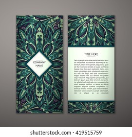 Flyer with Floral mandala pattern and ornaments. Vector Flyer oriental design Layout template, size. Islam, Arabic, Indian, ottoman motifs. Front page and back page. Easy to use and edit.