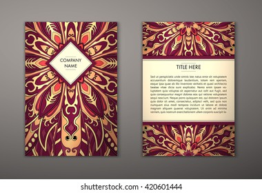 Flyer with Floral mandala pattern and ornaments. Vector Flyer oriental design Layout template, size. Islam, Arabic, Indian, ottoman motifs. Front page and back page. Easy to use and edit.
