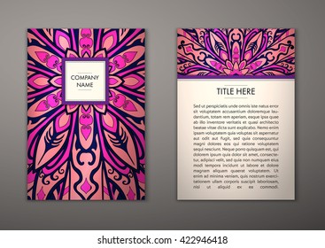 Flyer with Floral mandala pattern and ornaments. Vector Flyer oriental design Layout template, size. Islam, Arabic, Indian, ottoman motifs. Front page and back page. Easy to use and edit.