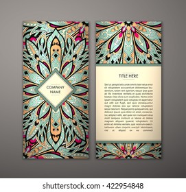 Flyer with Floral mandala pattern and ornaments. Vector Flyer oriental design Layout template, size. Islam, Arabic, Indian, ottoman motifs. Front page and back page. Easy to use and edit.