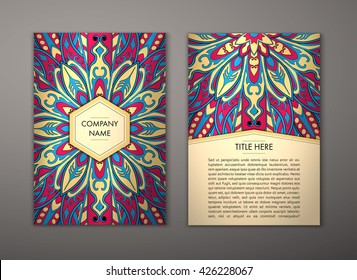 Flyer with Floral mandala pattern and ornaments. Vector Flyer oriental design Layout template, size. Islam, Arabic, Indian, ottoman motifs. Front page and back page. Easy to use and edit.