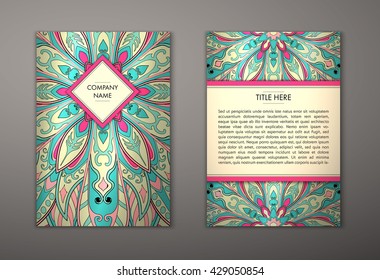 Flyer with Floral mandala pattern and ornaments. Vector Flyer oriental design Layout template, size. Islam, Arabic, Indian, ottoman motifs. Front page and back page. Easy to use and edit.