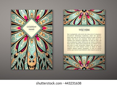 Flyer with Floral mandala pattern and ornaments. Vector Flyer oriental design Layout template, size. Islam, Arabic, Indian, ottoman motifs. Front page and back page. Easy to use and edit.