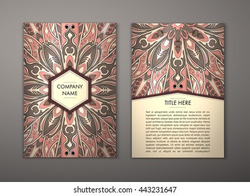 Flyer with Floral mandala pattern and ornaments. Vector Flyer oriental design Layout template, size. Islam, Arabic, Indian, ottoman motifs. Front page and back page. Easy to use and edit.