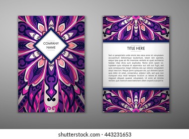 Flyer with Floral mandala pattern and ornaments. Vector Flyer oriental design Layout template, size. Islam, Arabic, Indian, ottoman motifs. Front page and back page. Easy to use and edit.