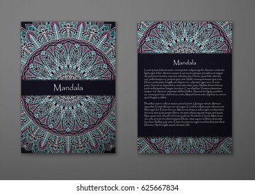 Flyer with Floral mandala pattern and ornaments. Vector Flyer oriental design Layout template, size. Islam, Arabic, Indian, ottoman motifs. Front page and back page. Easy to use and edit.