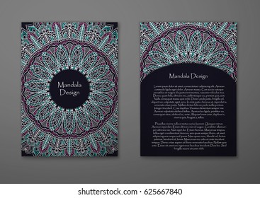 Flyer with Floral mandala pattern and ornaments. Vector Flyer oriental design Layout template, size. Islam, Arabic, Indian, ottoman motifs. Front page and back page. Easy to use and edit.