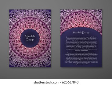 Volante con estampado de Mandala Floral y adornos. Plantilla de diseño oriental Vector Flyer, tamaño. Motivos islámicos, árabes, indios y otomanos. Página principal y página posterior. Fácil de usar y editar.