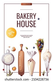 Flyer with Flour sieve, whisk, wooden spoon, piping bag, rolling pin. Baking, bakery shop, cooking, sweet products, dessert, pastry concept. A4 Vector illustration for poster, banner,  advertising.