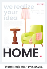 The flyer for a furniture store. The white banner with an armchair and a lamp and a coffee table with a cup of tea. A vector cartoon illustration