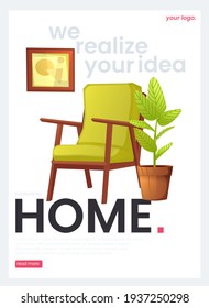 The flyer for a furniture store. The white banner with armchair and a plant and a picture in a frame. A vector cartoon illustration.