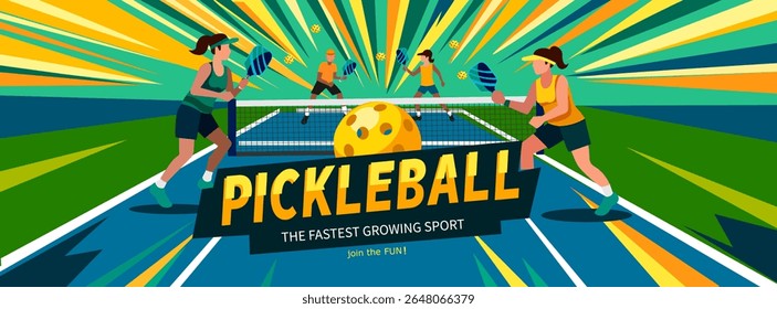 Flyer jogo pickleball popular esporte jogo pessoas jogando pickleball em sportswear com raquetes bola no campo de pickleball Vetor