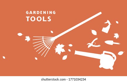 Flyer for garden tools store. White silhouettes on a orange background
