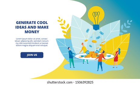 Flyer Generate Cool Ideas and make Money Flat. Banner Lot Traffic Comes from Social Networks. Men and Women Collect Cash Pouring from Top Large Light Bulb Cartoon. Vector Illustration.