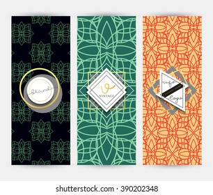 Flyer with geometric patterns . Brochure modern style . Template card . Promotional products vintage gold. Old flyer .