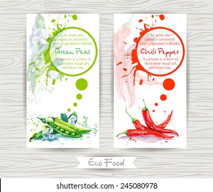 Flyer with green peas and chili pepper. Watercolor illustration.  Vector Poster Templates with Paint Splash and vegetables.