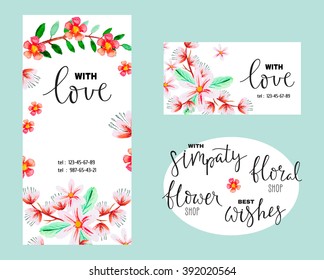 Flyer or greeting card with watercolor flowers and an inscription "with love". And a set of 4 inscriptions for use in your design.