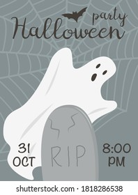 Flyer of Halloween event with spooky ghost and tombstone on graveyard. All saints day poster. Web and bats. Advertising template for 31 october costume party with place for text vector illustration.