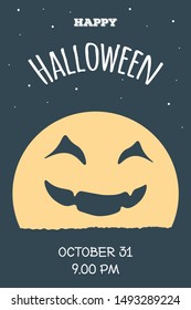 Flyer for Halloween and horror night party. Pumpkin instead of a moon in starry sky. The laughing moon. Flat vector template for invitation card or poster for the all Saints Day.