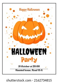 Flyer for Halloween party. With flat cartoon pumpkin. Invitation template. Vector illustration isolated from background. 