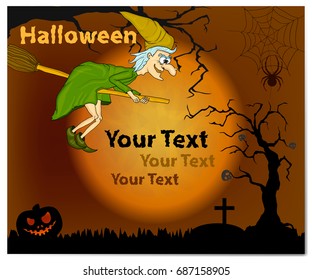 Flyer for halloween party with funny witch. Vector illustration with witch and moon