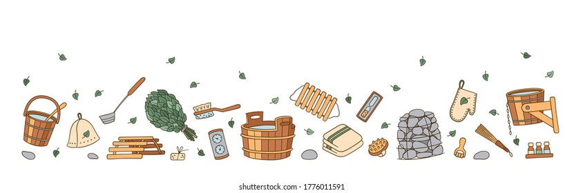 Flyer with hand drawn bathhouse and sauna accessories. Tub and birch broom, pot holder and hat, thermometer, massager and other. Vector illustration in doodle style on white background.