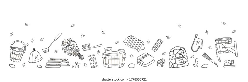 Flyer with hand drawn bathhouse and sauna accessories. Tub and birch broom, pot holder and hat, thermometer, massager and other. Vector illustration in doodle style on white background.