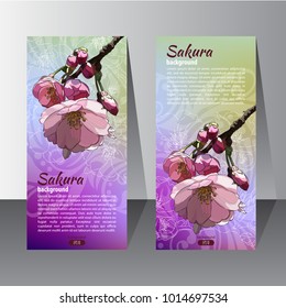 Flyer with the hand drawn Sakura flower on the abstract background with the swirls.