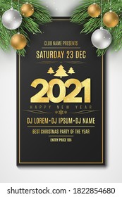 Flyer for Happy New Year 2021 party. Christmas tree and festive balls with snow dust. DJ and club. Greeting card. Golden lettering. Vector illustration. EPS 10