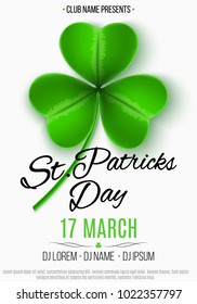 Flyer for a Happy Saint Patrick's Day party. Green clover with pattern. White background. Invitation to the club, bar. Vector illustration. EPS 10