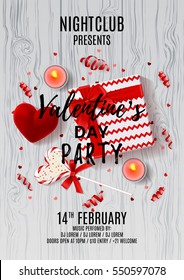 Flyer for Happy Valentine's Day party. Top view on gift box, lollipop and case for ring. Invitation to nightclub. Vector illustration with candles, confetti and serpentine.