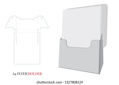Flyer Holder Template. Vector with die cut, laser cut lines. White, clear, blank, isolated Flyer Holder mock up on white background with perspective view.