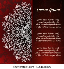 Flyer holiday card, frame for congratulations on your wedding, Valentine's day, birthday, invitation, gratitude, celebration, Declaration of love. Vector red background with a mandala pattern. eps10