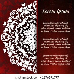 Flyer holiday card, frame for congratulations on your wedding, Valentine's day, birthday, invitation, gratitude, celebration, Declaration of love. Vector red background with a mandala pattern. eps10
