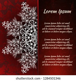 Flyer holiday card, frame for congratulations on your wedding, Valentine's day, birthday, invitation, gratitude, celebration, Declaration of love. Vector red background with a mandala pattern. eps10
