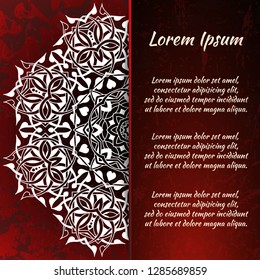 Flyer holiday card, frame for congratulations on your wedding, Valentine's day, birthday, invitation, gratitude, celebration, Declaration of love. Vector red background with a mandala pattern. eps10