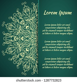 Flyer holiday card, frame for congratulations on the wedding, Valentine's day, birthday, invitation, gratitude, celebration, Declaration of love. Vector green background with mandala pattern. eps10