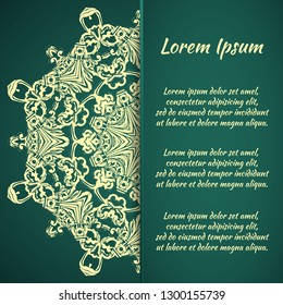 Flyer holiday card, frame for congratulations on the wedding, Valentine's day, birthday, invitation, gratitude, celebration, Declaration of love. Vector green background with mandala pattern. eps10