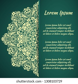 Flyer holiday card, frame for congratulations on the wedding, Valentine's day, birthday, invitation, gratitude, celebration, Declaration of love. Vector green background with mandala pattern. eps10