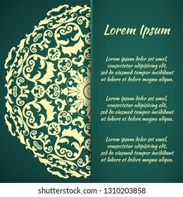 Flyer holiday card, frame for congratulations on the wedding, Valentine's day, birthday, invitation, gratitude, celebration, Declaration of love. Vector green background with mandala pattern. eps10