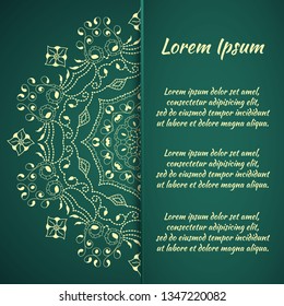 Flyer holiday card, frame for congratulations on the wedding, Valentine's day, birthday, invitation, gratitude, celebration, Declaration of love. Vector green background with mandala pattern. eps10