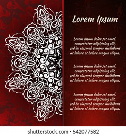 Flyer holiday card, frame for congratulations on your wedding, Valentine's day, birthday, invitation, gratitude, celebration, Declaration of love. Vector red background with a mandala pattern. eps10