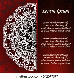 Flyer holiday card, frame for congratulations on your wedding, Valentine's day, birthday, invitation, gratitude, celebration, Declaration of love. Vector red background with a mandala pattern. eps10