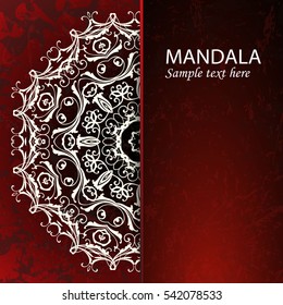 Flyer holiday card, frame for congratulations on your wedding, Valentine's day, birthday, invitation, gratitude, celebration, Declaration of love. Vector red background with a mandala pattern. eps10